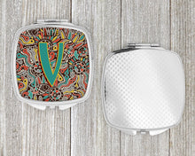 Load image into Gallery viewer, Letter V Retro Tribal Alphabet Initial Compact Mirror – Stylish Purse Mirror with Artistic Covers CJ2013-VSCM