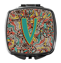 Load image into Gallery viewer, Letter V Retro Tribal Alphabet Initial Compact Mirror – Stylish Purse Mirror with Artistic Covers CJ2013-VSCM