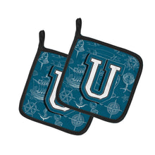 Load image into Gallery viewer, Letter U Sea Doodles Initial Alphabet Pot Holders - Set of 2 - Heat-Resistant Kitchen Essentials CJ2014-UPTHD