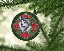 Load image into Gallery viewer, Alaskan Malamute Poinsetta Wreath Ornament - Round Ceramic Ornament – Artist-Designed Keepsake Decoration