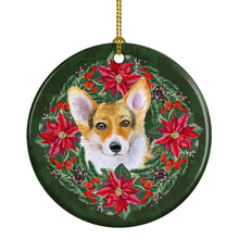 Load image into Gallery viewer, Pembroke Corgi Poinsetta Wreath Ornament - Round Ceramic Ornament – Artist-Designed Keepsake Decoration