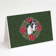 Load image into Gallery viewer, Harlequin Great Dane Poinsetta Wreath Greeting Cards -  Blank Note Cards – 8-Pack of Artist-Designed Cards with Envelopes