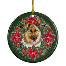Load image into Gallery viewer, German Shepherd Poinsetta Wreath Ornament - Round Ceramic Ornament – Artist-Designed Keepsake Decoration