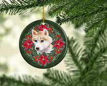 Load image into Gallery viewer, Siberian Husky Poinsetta Wreath Ornament - Round Ceramic Ornament – Artist-Designed Keepsake Decoration