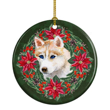 Load image into Gallery viewer, Siberian Husky Poinsetta Wreath Ornament - Round Ceramic Ornament – Artist-Designed Keepsake Decoration