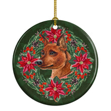 Load image into Gallery viewer, Miniature Pinscher Poinsetta Wreath Ornament - Round Ceramic Ornament – Artist-Designed Keepsake Decoration