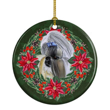 Load image into Gallery viewer, Shih Tzu Poinsetta Wreath Ornament - Round Ceramic Ornament – Artist-Designed Keepsake Decoration