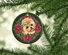 Load image into Gallery viewer, Morkie Poinsetta Wreath Ornament - Round Ceramic Ornament – Artist-Designed Keepsake Decoration
