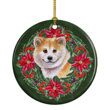Load image into Gallery viewer, Shiba Inu Poinsetta Wreath Ornament - Round Ceramic Ornament – Artist-Designed Keepsake Decoration
