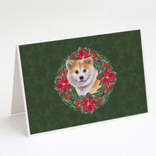 Load image into Gallery viewer, Shiba Inu Poinsetta Wreath Greeting Cards -  Blank Note Cards – 8-Pack of Artist-Designed Cards with Envelopes