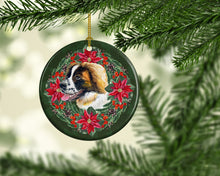Load image into Gallery viewer, Saint Bernard Poinsetta Wreath Ornament - Round Ceramic Ornament – Artist-Designed Keepsake Decoration