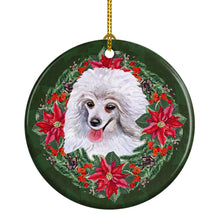 Load image into Gallery viewer, Medium White Poodle Poinsetta Wreath Ornament - Round Ceramic Ornament – Artist-Designed Keepsake Decoration
