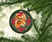 Load image into Gallery viewer, Yorkshire Terrier Poinsetta Wreath Ornament - Round Ceramic Ornament – Artist-Designed Keepsake Decoration