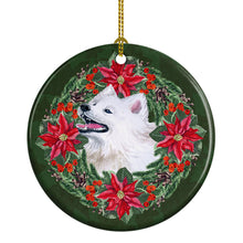 Load image into Gallery viewer, Samoyed Poinsetta Wreath Ornament - Round Ceramic Ornament – Artist-Designed Keepsake Decoration