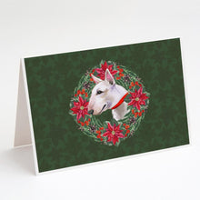 Load image into Gallery viewer, Bull Terrier Poinsetta Wreath Greeting Cards -  Blank Note Cards – 8-Pack of Artist-Designed Cards with Envelopes