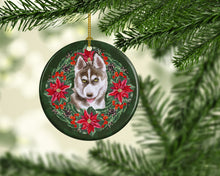 Load image into Gallery viewer, Siberian Husky Grey Poinsetta Wreath Ornament - Round Ceramic Ornament – Artist-Designed Keepsake Decoration