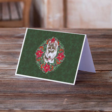 Load image into Gallery viewer, Siberian Husky Grey Poinsetta Wreath Greeting Cards -  Blank Note Cards – 8-Pack of Artist-Designed Cards with Envelopes