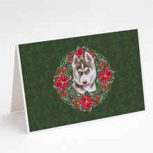 Load image into Gallery viewer, Siberian Husky Grey Poinsetta Wreath Greeting Cards -  Blank Note Cards – 8-Pack of Artist-Designed Cards with Envelopes