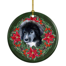 Load image into Gallery viewer, Newfoundland Puppy Poinsetta Wreath Ornament - Round Ceramic Ornament – Artist-Designed Keepsake Decoration