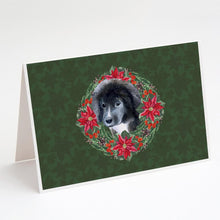 Load image into Gallery viewer, Newfoundland Puppy Poinsetta Wreath Greeting Cards -  Blank Note Cards – 8-Pack of Artist-Designed Cards with Envelopes