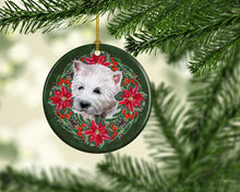 Load image into Gallery viewer, Westie Poinsetta Wreath Ornament - Round Ceramic Ornament – Artist-Designed Keepsake Decoration