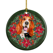 Load image into Gallery viewer, Basset Hound Poinsetta Wreath Ornament - Round Ceramic Ornament – Artist-Designed Keepsake Decoration