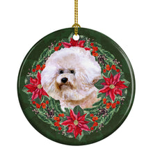Load image into Gallery viewer, Bichon Frise #2 Poinsetta Wreath Ornament - Round Ceramic Ornament – Artist-Designed Keepsake Decoration