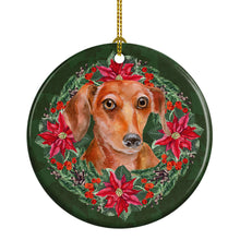 Load image into Gallery viewer, Red Dachshund Poinsetta Wreath Ornament - Round Ceramic Ornament – Artist-Designed Keepsake Decoration