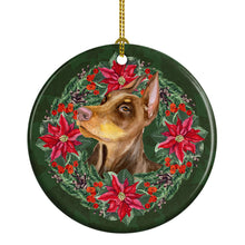 Load image into Gallery viewer, Doberman Pinscher Poinsetta Wreath Ornament - Round Ceramic Ornament – Artist-Designed Keepsake Decoration