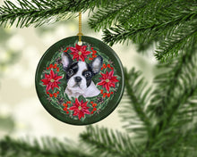 Load image into Gallery viewer, French Bulldog Black White Poinsetta Wreath Ornament - Round Ceramic Ornament – Artist-Designed Keepsake Decoration