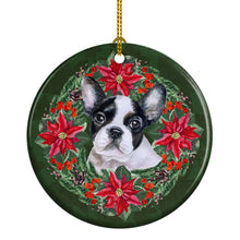 Load image into Gallery viewer, French Bulldog Black White Poinsetta Wreath Ornament - Round Ceramic Ornament – Artist-Designed Keepsake Decoration