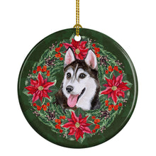 Load image into Gallery viewer, Siberian Husky #2 Poinsetta Wreath Ornament - Round Ceramic Ornament – Artist-Designed Keepsake Decoration