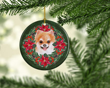 Load image into Gallery viewer, Pomeranian #2 Poinsetta Wreath Ornament - Round Ceramic Ornament – Artist-Designed Keepsake Decoration