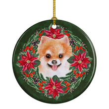 Load image into Gallery viewer, Pomeranian #2 Poinsetta Wreath Ornament - Round Ceramic Ornament – Artist-Designed Keepsake Decoration