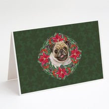 Load image into Gallery viewer, Fawn Pug Poinsetta Wreath Greeting Cards -  Blank Note Cards – 8-Pack of Artist-Designed Cards with Envelopes