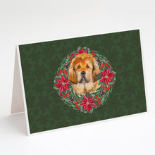 Load image into Gallery viewer, Tibetan Mastiff Poinsetta Wreath Greeting Cards -  Blank Note Cards – 8-Pack of Artist-Designed Cards with Envelopes