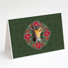 Load image into Gallery viewer, Miniature Pinscher #2 Poinsetta Wreath Greeting Cards -  Blank Note Cards – 8-Pack of Artist-Designed Cards with Envelopes