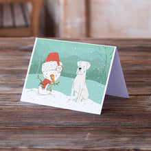 Load image into Gallery viewer, White Boxer and Snowman Christmas Greeting Cards -  Blank Note Cards – 8-Pack of Artist-Designed Cards with Envelopes