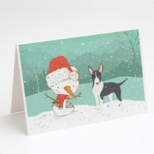 Load image into Gallery viewer, Black Bull Terrier Snowman Christmas Greeting Cards -  Blank Note Cards – 8-Pack of Artist-Designed Cards with Envelopes