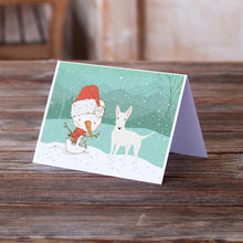 Load image into Gallery viewer, White Bull Terrier Snowman Christmas Greeting Cards -  Blank Note Cards – 8-Pack of Artist-Designed Cards with Envelopes