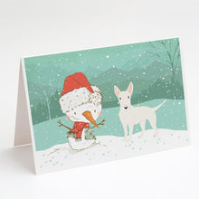 Load image into Gallery viewer, White Bull Terrier Snowman Christmas Greeting Cards -  Blank Note Cards – 8-Pack of Artist-Designed Cards with Envelopes