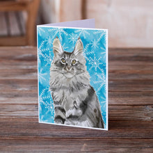 Load image into Gallery viewer, Maine Coon Winter Snowflake Greeting Cards -  Blank Note Cards – 8-Pack of Artist-Designed Cards with Envelopes