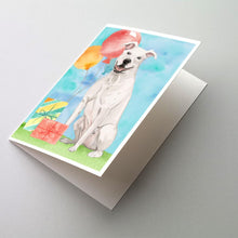 Load image into Gallery viewer, Happy Birthday White Staffordshire Bull Terrier Greeting Cards -  Blank Note Cards – 8-Pack of Artist-Designed Cards with Envelopes