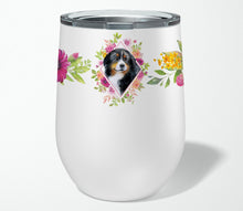 Load image into Gallery viewer, Bernese Mountain Dog Pink Flowers Stainless Steel 12 oz Stemless Wine Glass CK4118TBL12