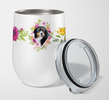 Load image into Gallery viewer, Bernese Mountain Dog Pink Flowers Stainless Steel 12 oz Stemless Wine Glass CK4118TBL12