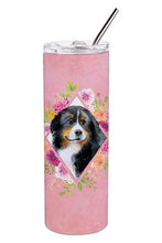 Load image into Gallery viewer, Bernese Mountain Dog Pink Flowers Double Walled Stainless Steel 20 oz Skinny Tumbler CK4118TBL20