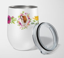 Load image into Gallery viewer, Cavalier King Charles Spaniel Pink Flowers Stainless Steel 12 oz Stemless Wine Glass CK4126TBL12