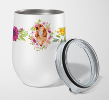 Load image into Gallery viewer, Cocker Spaniel #2 Pink Flowers Stainless Steel 12 oz Stemless Wine Glass CK4133TBL12