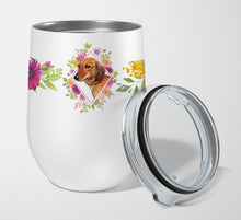 Load image into Gallery viewer, Dachshund Red #1 Pink Flowers Stainless Steel 12 oz Stemless Wine Glass CK4134TBL12