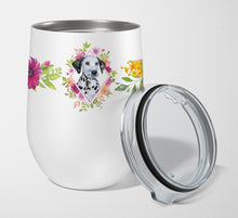 Load image into Gallery viewer, Dalmatian Puppy Pink Flowers Stainless Steel 12 oz Stemless Wine Glass CK4136TBL12